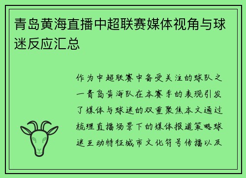 青岛黄海直播中超联赛媒体视角与球迷反应汇总